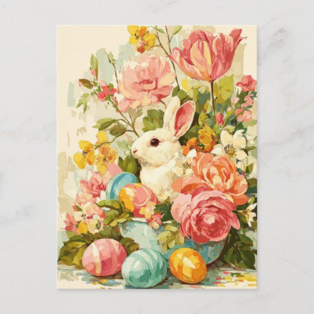 Easter Postcard with Flowers and Easter Bunny (Front)