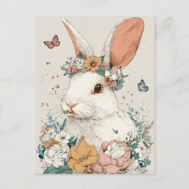 Easter Postcard with Flowers and Easter Bunny (Front)