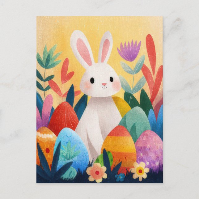 Easter Postcard with Flowers and Easter Bunny (Front)