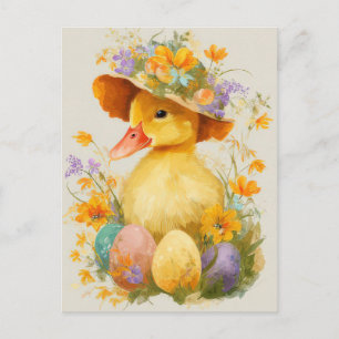 Easter Postcard with Flowers and Easter Duckling
