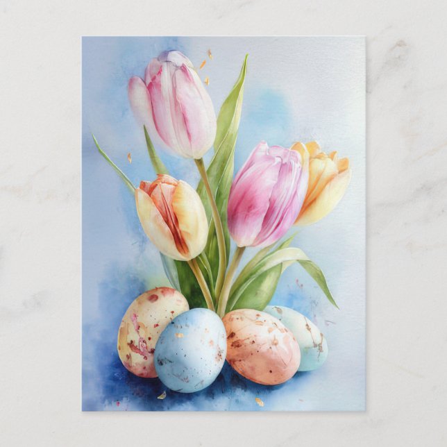 Easter Postcard with Flowers and Easter Eggs (Front)