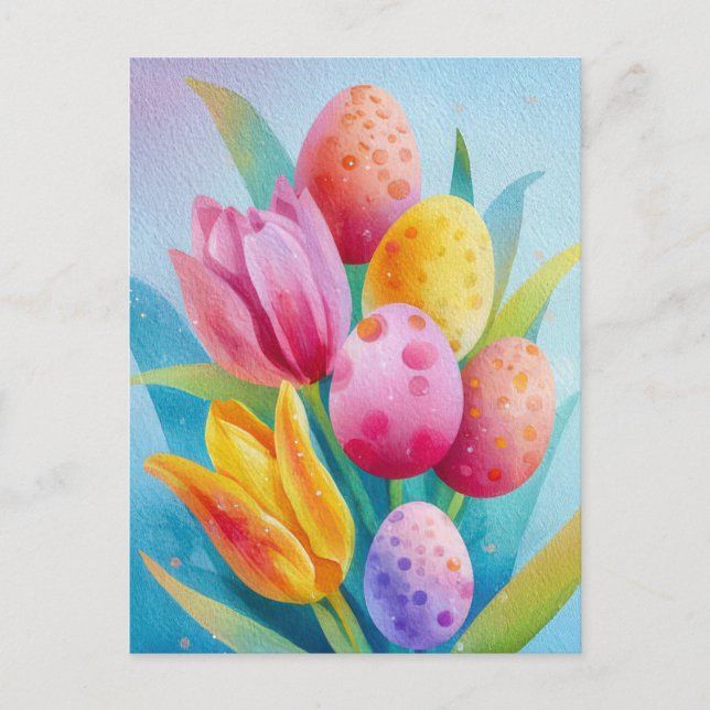 Easter Postcard with Flowers and Easter Eggs (Front)
