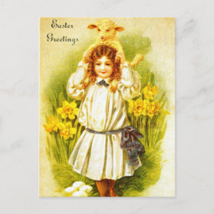 Easter Postcard with Sweet Victorian Girl Lamb
