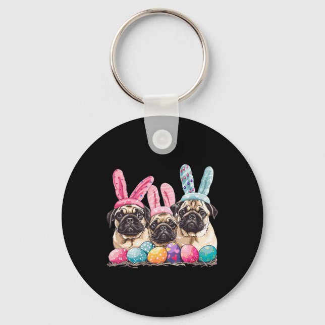 Easter Pug Dog Easter Pug Dog Bunny Ears Easter Eg Key Ring (Front)