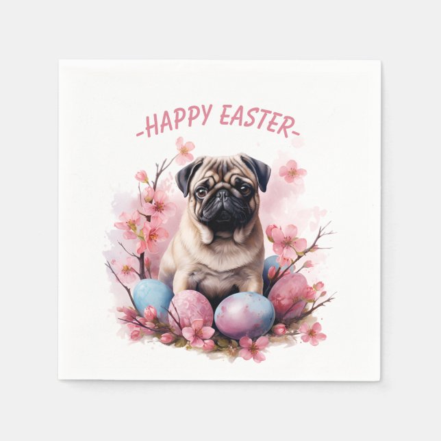 Easter Pug Dog -  Eggs and Flowers -   Napkin (Front)