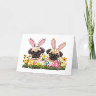 Easter Pug Dogs Bunny Ears Holiday Card
