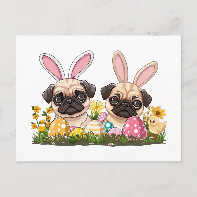 Easter Pug Dogs Bunny Ears Holiday Postcard (Front)