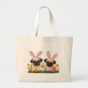 Easter Pug Dogs Bunny Ears Large Tote Bag