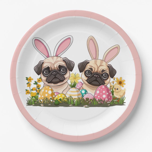 Easter Pug Dogs Bunny Ears Paper Plate (Front)