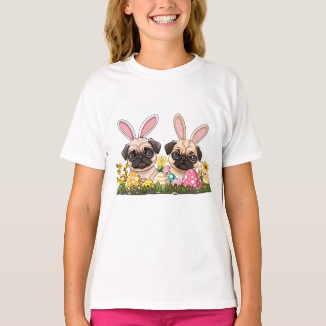 Easter Pug Dogs Bunny Ears T-Shirt (Front)