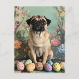 Easter pug rustic botanical floral chic holiday postcard