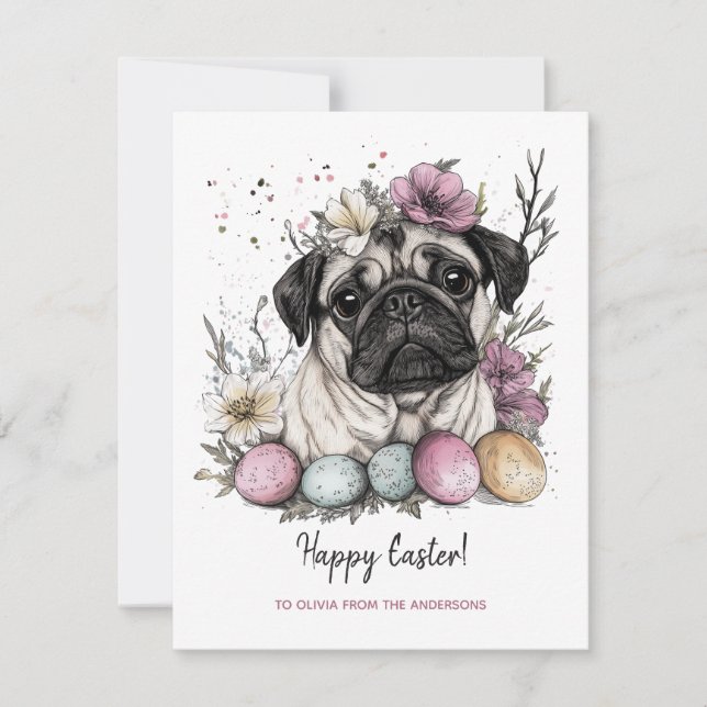 Easter pug rustic botanical floral  holiday card (Front)