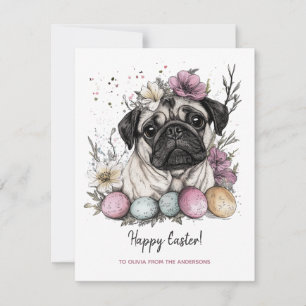 Easter pug rustic botanical floral  holiday card
