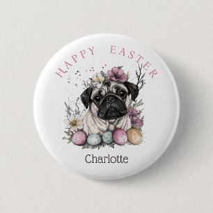 Easter pug watercolor floral  6 cm round badge