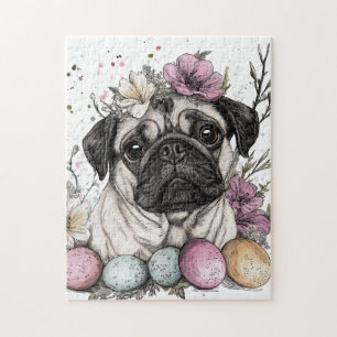 Easter pug watercolor floral  jigsaw puzzle