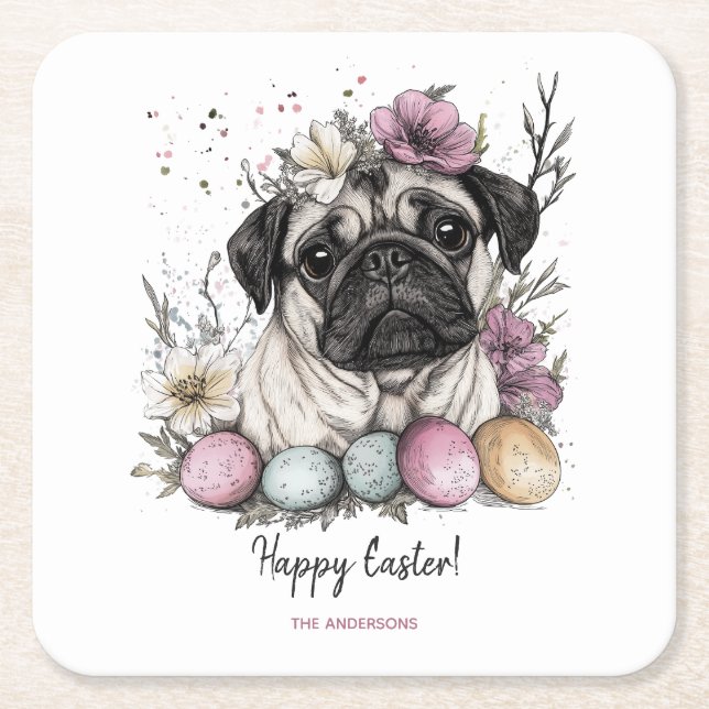 Easter pug watercolor floral  square paper coaster (Front)