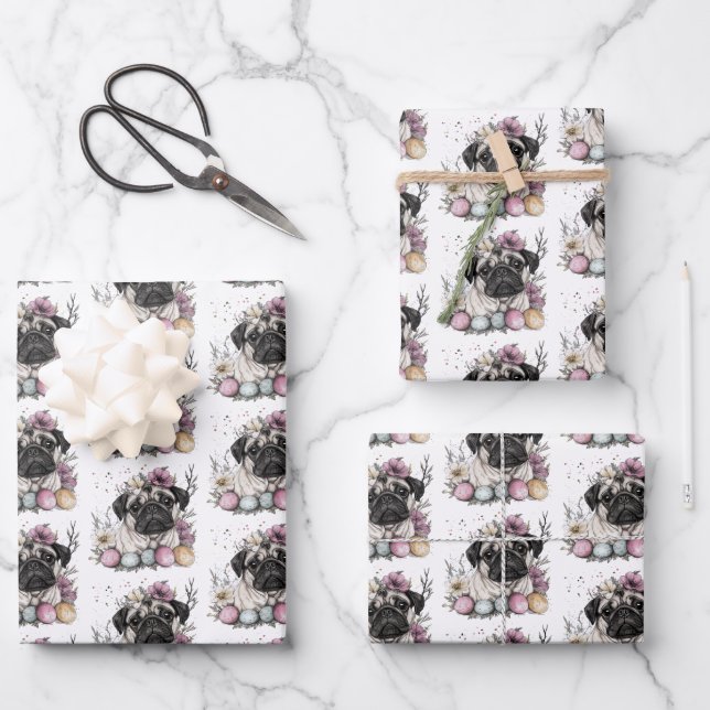 Easter pug watercolor floral wrapping paper sheet (Front)