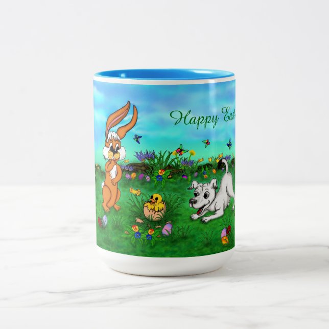 Easter - Puppy Capo Rabbit and Chick Two-Tone Coffee Mug (Center)