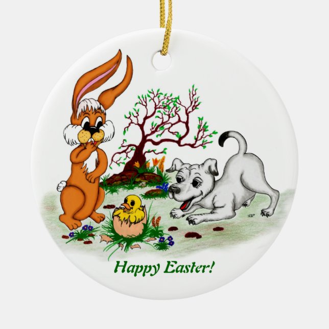 Easter - Puppy Capo with Rabbit and Chick Ceramic Tree Decoration (Front)