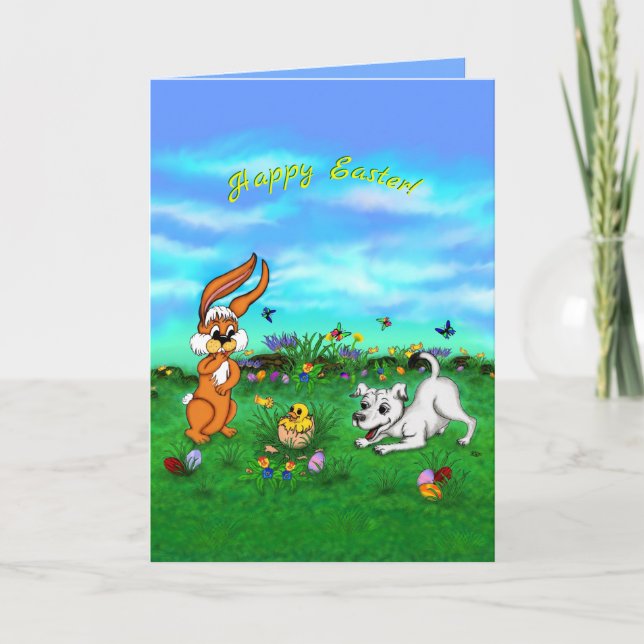 Easter - Puppy Capo with Rabbit and Chick Holiday Card (Front)