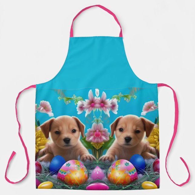 Easter Puppy Flowers and Eggs Apron (Front)