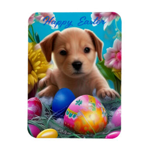 Easter Puppy Flowers and Eggs Holiday Magnet