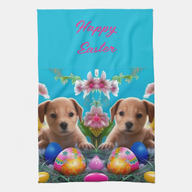 Easter Puppy Flowers and Eggs Tea Towel (Vertical)