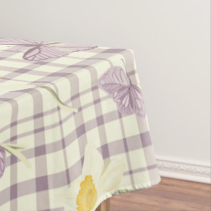 Easter Purple Butterfly Daffodil Plaid Pattern Tablecloth