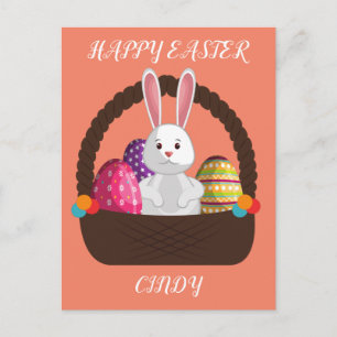 Easter rabbit, basket personalised postcard. postcard