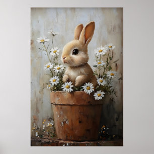 Easter Rabbit Bunny In Flower Pot Print, Rustic Poster