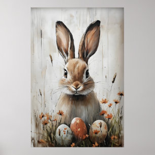 Easter Rabbit Bunny In Flower Print, Rustic Easter Poster