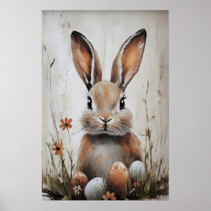Easter rabbit bunny in flower print, rustic Easter Poster