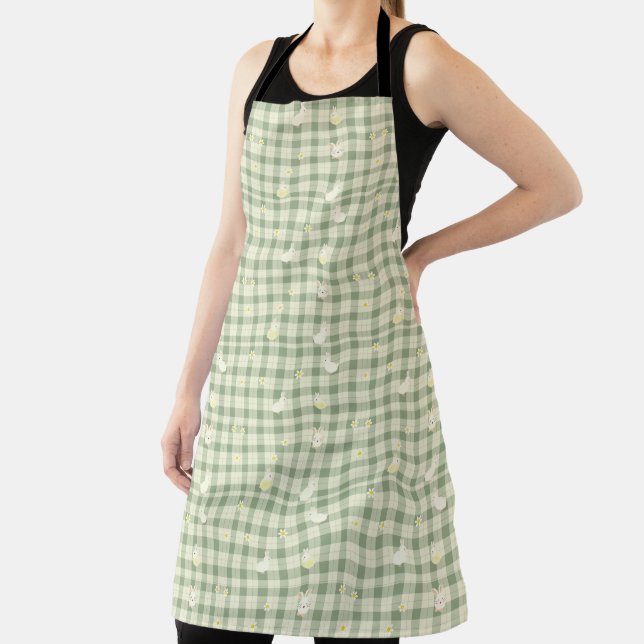 Easter Rabbit Chicken Green Plaid Pattern Apron (Insitu)