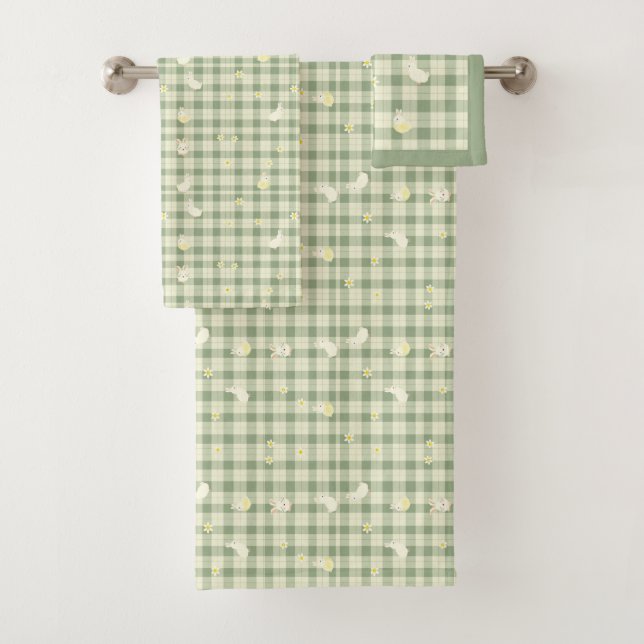 Easter Rabbit Chicken Green Plaid Pattern Bath Towel Set (Insitu)