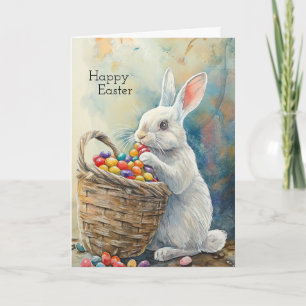 Easter rabbit eats jelly beans watercolor card