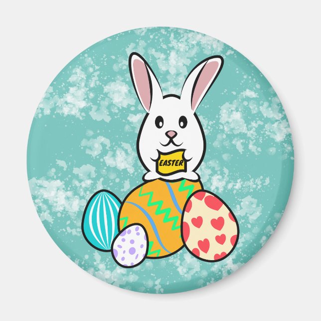 Easter Rabbit Holding a Banner on Easter Eggs Magnet (Front)