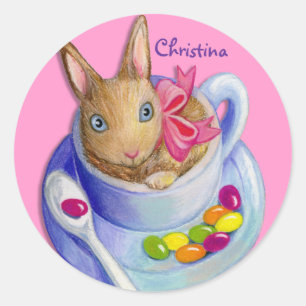 Easter Rabbit in Tea Cup Customisable Name Classic Round Sticker