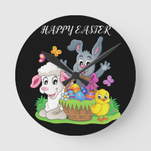 Easter rabbit, lamb & chick Acrylic clock. Round Clock