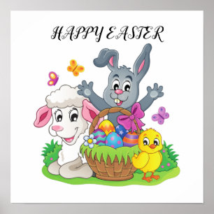 Easter rabbit, lamb & chick poster. poster