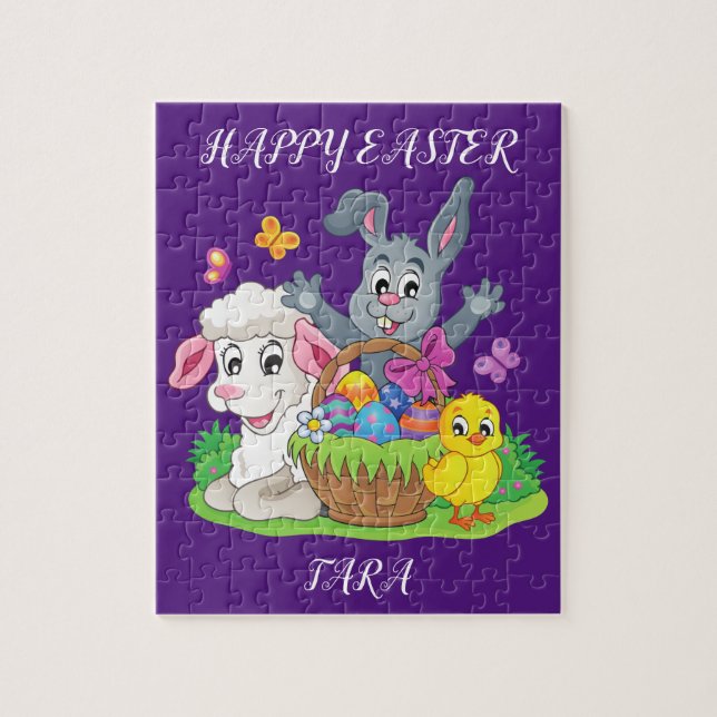 Easter rabbit, lamb & chick puzzle personalised. (Vertical)