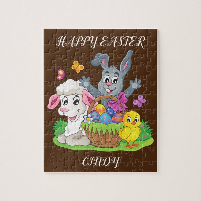 Easter rabbit, lamb & chick puzzle personalised. (Vertical)