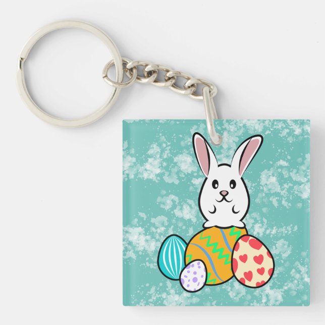 Easter Rabbit on Easter Eggs Key Ring (Front)