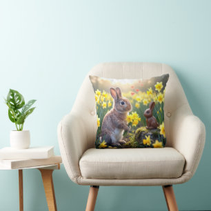 Easter Rabbit with Daffodils  Cushion