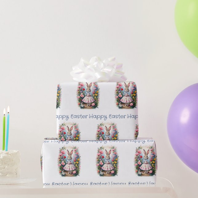 Easter rabbit with flowers Happy Easter Wrapping Paper (Party Gifts)