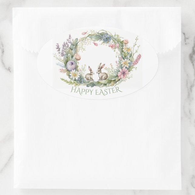 Easter Rabbits In A Floral Wreath Oval Sticker (Bag)