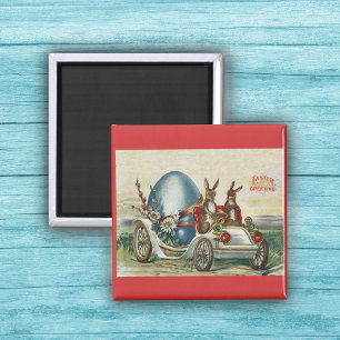 Easter Rabbits in Antique Car Big Blue Egg Magnet