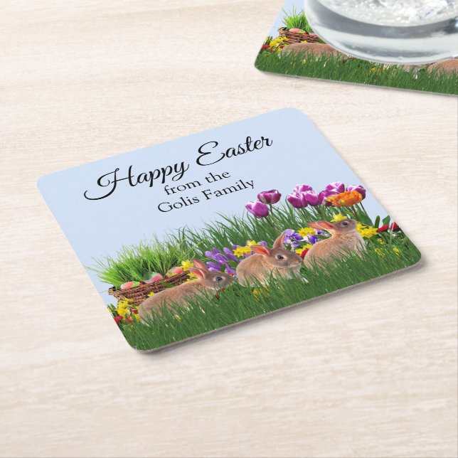  Easter Rabbits Personalised  Square Paper Coaster (Angled)