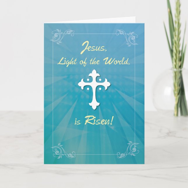 Easter Religious Cross and Rays on Teal Holiday Card (Front)