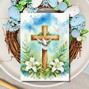 Easter Religious Cross With Dove and Lilies Holiday Card