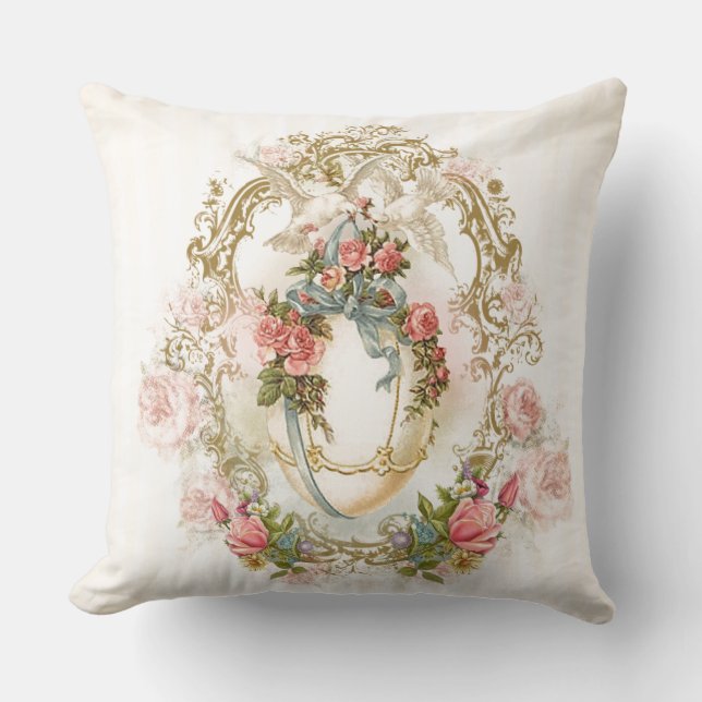 easter, rose, egg, ornament gold dove beige floral cushion (Front)